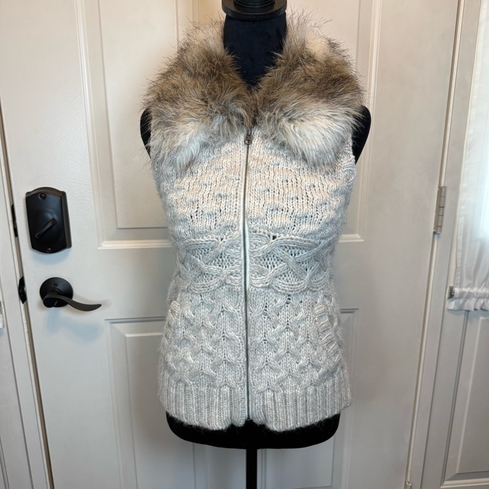 LOFT Wool Alpaca Blend Vest Faux Fur Trim Full Cable Knit Zip Women's Size S